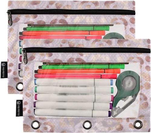 Vista 2 de Estuche para lápices con estampado de leopardo, guepardo, oro rosa, para carpeta de 3 anillas, 2 bolsas para lápices con cremallera, estuche