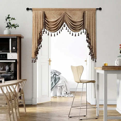 Vista 29 de ELKCA Cenefa de cortina de felpilla beige para ventana de sala de estar, cenefa de cascada para dormitorio, bolsillo para barra