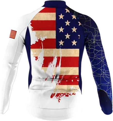 Vista 3 de Camiseta de ciclismo para hombres y mujeres de Estados Unidos UPF50+ con bandera estadounidense con bolsillos y cremallera completa reflectante BMX