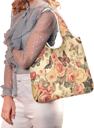 Vista 2 de Belidome Mariposa Floral Reutilizable Bolsa de Comestibles Lavable Plegable Bolsa de Hombro con Bolsa Butterfly Floral