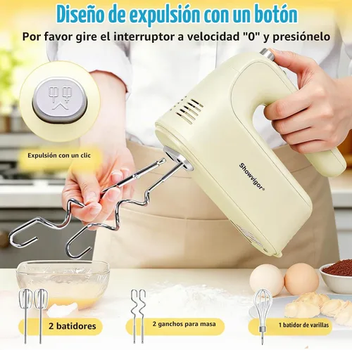 Vista 5 de Batidora de mano eléctrica, batidora de mano de 300 W con 5 accesorios de acero inoxidable, 5 velocidades ajustables + Turbo Boost y autocontrol