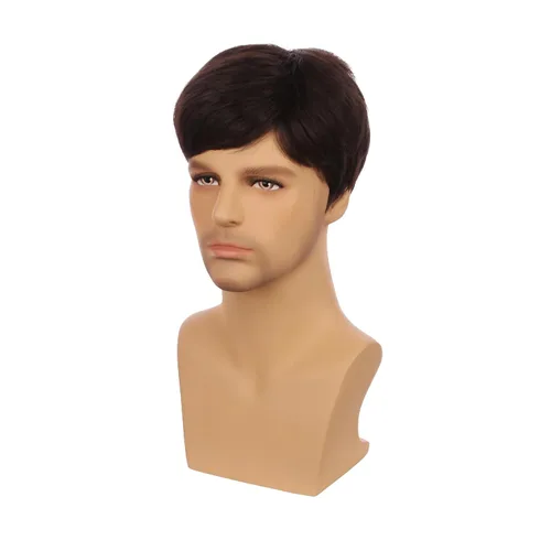 Vista 2 de Peluca marrón para niños, peluca corta recta marrón oscuro para niños, resistente al calor, pelo sintético con gorra