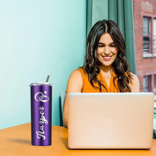 Vista 7 de Vaso personalizado personalizado con nombre grabado y logotipo, vasos delgados personalizados con tapa y pajita, vaso aislado de acero inoxidable