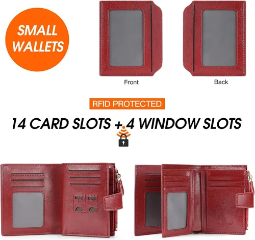 Vista 2 de Billeteras de cuero para mujer, con bloqueo RFID, pequeña, plegable, con cremallera, bolsillo para tarjetas, con ventana de identificación.., Rojo