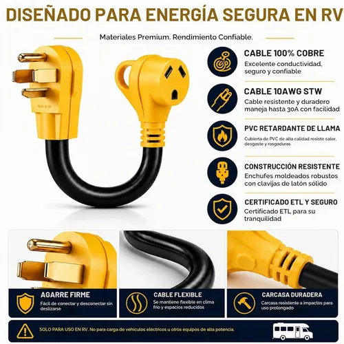Vista 6 de Adaptador de salida de secadora de 30 amperios a RV, NEMA 14-30P a TT-30R, 125V