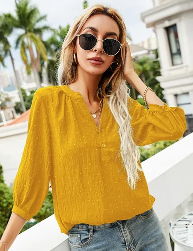 Vista 3 de LOMON - Blusas informales de manga 34, con cuello henley en v y botones, de plumetí con pliegues en la espalda para mujer, tallas de la S a la XXL