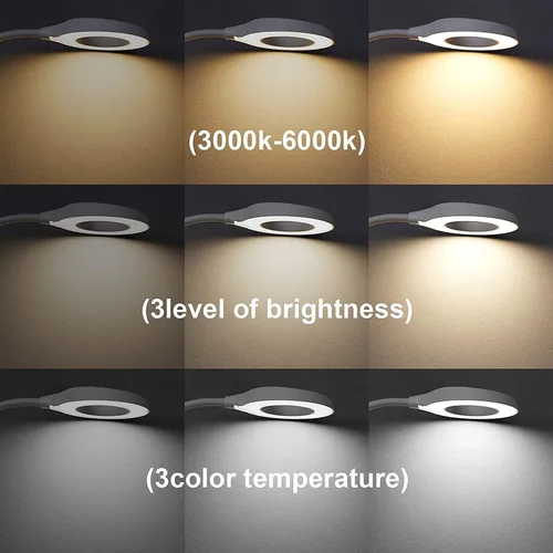 Vista 4 de JKSWT - Lámpara de escritorio, luz de lectura con clip, anillo de luz LED con 3 modos de color, 9 atenuadores de brillo, 60 LED, panel de control