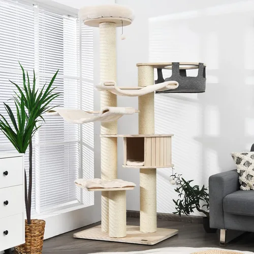 Vista 11 de Tangkula Árbol moderno para gatos, torre grande de varios niveles con condominio, hamacas y cesta colgante, árbol alto para gatos con postes