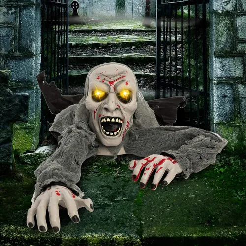Vista 8 de JOYIN Decoraciones de Halloween para exteriores con luz zombi con manchas de sangre y sonido espeluznante para decoración exterior de Halloween