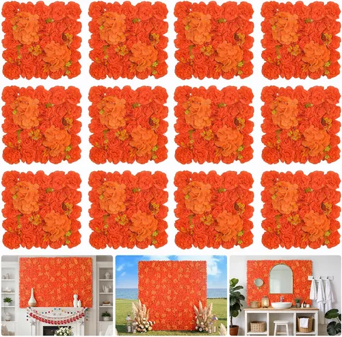 Vista 21 de Telón de fondo de pared de flores, 12 piezas de 16.5 x 16.5 pulgadas, panel de pared floral de rosa de seda artificial, decoración de pared ideal