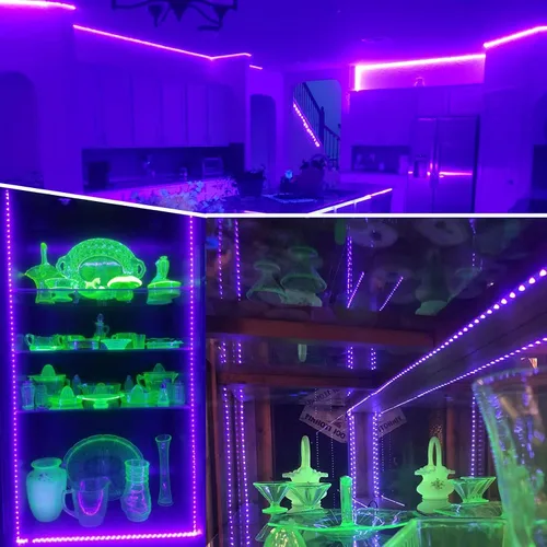 Vista 5 de Tiras de luz LED negras de 6.6 pies, 120 tiras LED UV a pilas para fiesta brillante, Halloween, vidrio, póster, pintura, batería no incluida