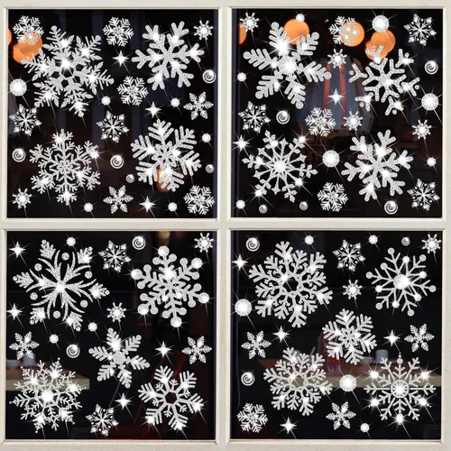 Vista 7 de Adhesivos de Copos de Nieve Dorados con Purpurina para Ventanas 147 PCS Copos de Nieve Brillantes para Ventanas Decoraciones de Paraíso Invernal Oro