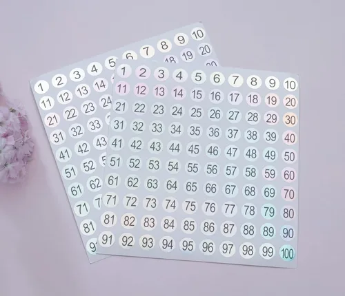 Vista 4 de 10 hojas de calcomanías de números del 1 al 100 unidades, autoadhesivas de 0.39 pulgadas, pequeñas etiquetas láser reflectantes impermeables