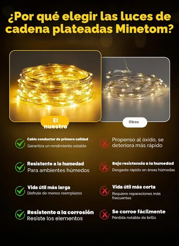Vista 5 de Minetom - Luces de hadas a pilas con control remoto, 33 pies, 100 luces LED impermeables para interior y exterior, luz titilante estrellada