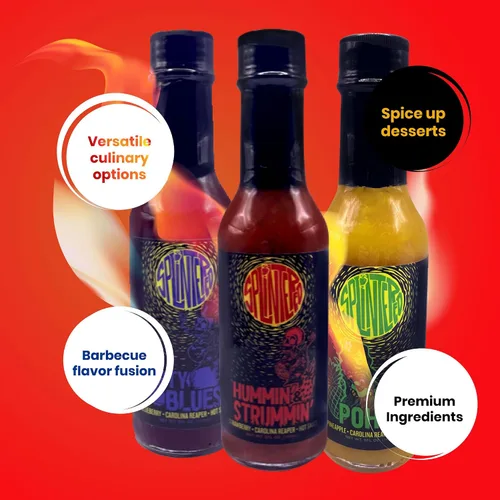 Vista 8 de The Splintered Sauce Hot Sauce Trio – Carolina Reaper Paquete variado con deliciosos maridajes de frutas, arándanos, fresas, piña, perfecto