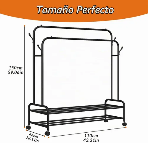 Vista 5 de Perchero resistente, perchero y perchero con ruedas, perchero independiente de doble barra para colgar ropa con estante de 2 niveles y organizador