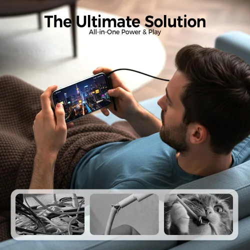 Vista 6 de Cable de carga rápida trenzado de 240 W con soporte para teléfono integrado, cable de carga USB-C a USB-C duradero en forma de T 2026, cable de negro