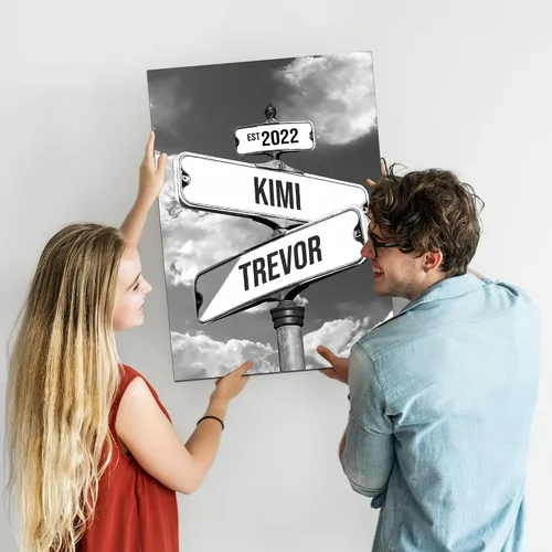 Vista 3 de Letrero de calle vintage de lienzo personalizado para parejas, nombre personalizado y fecha, impresión de lienzo de letrero de calle vintage