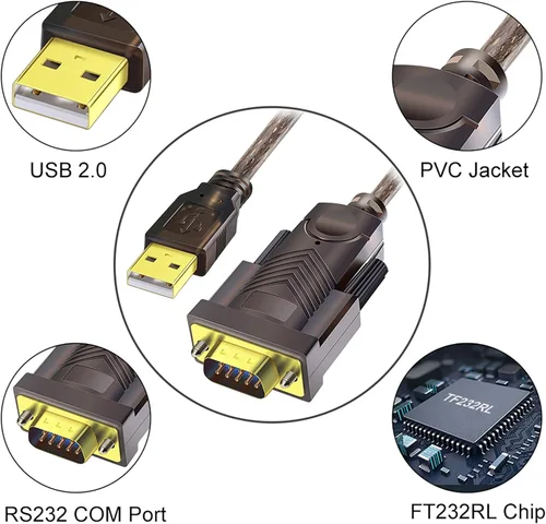 Vista 3 de Adaptador USB a RS232 con chipset FTDI: 6 pies USB 2.0 macho a RS232 hembra DB9 cable convertidor serie para caja registradora, módem, escáner