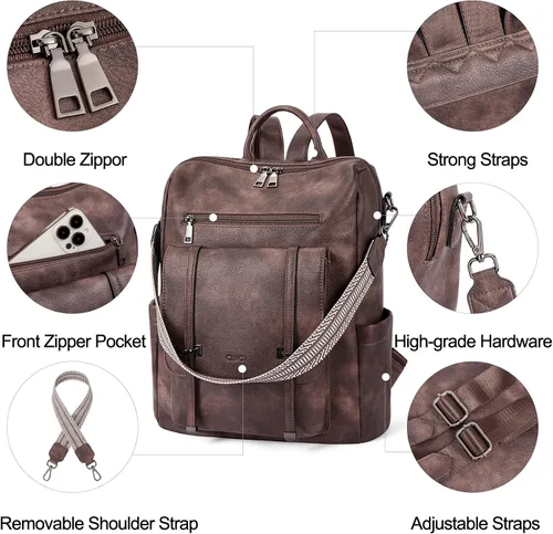 Vista 5 de CLUCI Mochila de cuero para mujer, mochila grande de viaje, a la moda, convertible, diseñador, trabajo, bolsos de hombro, 4 Marrón oscuro, Mochilas
