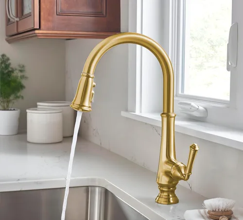 Vista 5 de American Standard 4279300.GN0 Delancey Grifo de cocina desplegable con pulverizador, amanecer fresco cepillado (oro cepillado)