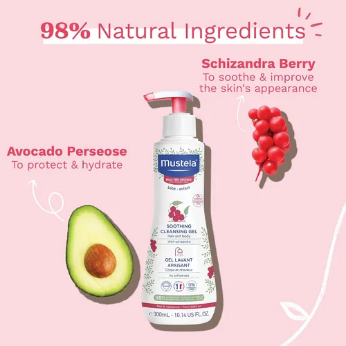 Vista 4 de Mustela Gel limpiador calmante para bebés, gel de baño y cabello sin fragancia para pieles muy sensibles, con perseosa de aguacate natural y bayas