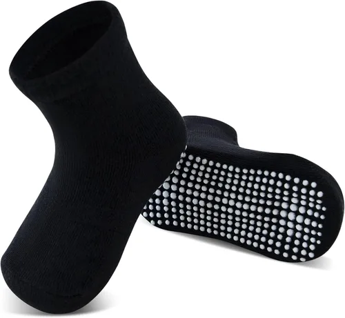 Vista 4 de Tenpluszero Calcetines de algodón antideslizantes para niños pequeños, calcetines de algodón con agarres para bebés, niños y niñas