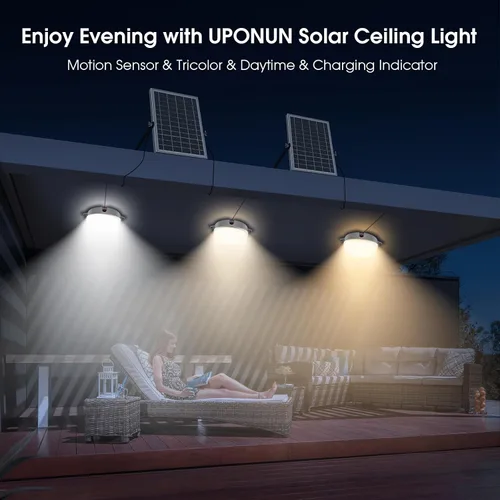 Vista 3 de Paquete de 2 luces solares de techo con sensor de movimiento, regulables de 6000 K/4000 K/3200 K, luz solar de cobertizo con interruptor