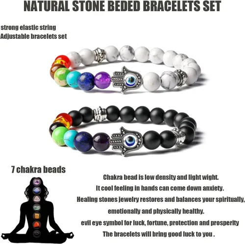 Vista 2 de BOMAIL Juego de 2 9 pulseras de mal de ojo Hamsa de 7 chakras, piedras preciosas de lava, pulseras de cuentas de hamsa de mal de ojo azul