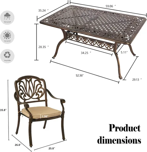Vista 2 de TITIMO Juego de comedor de 7 piezas de aluminio fundido para patio, muebles de comedor al aire libre, juego de conversación de patio, mesa