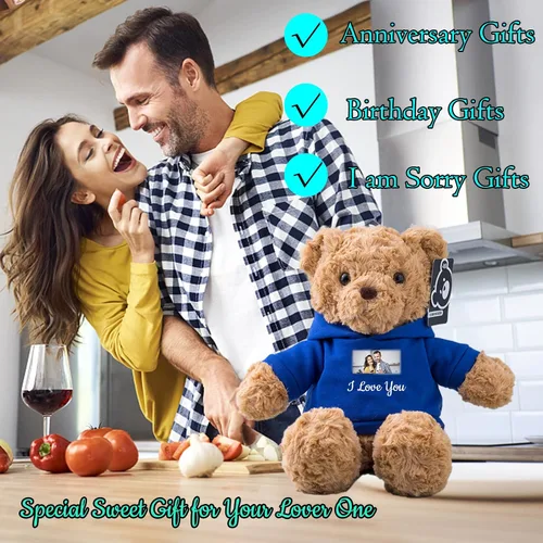 Vista 5 de Oso de peluche personalizado, juguetes de peluche con texto personalizado + imagen como regalo personalizado para novia/novio (11 pulgadas, azul)