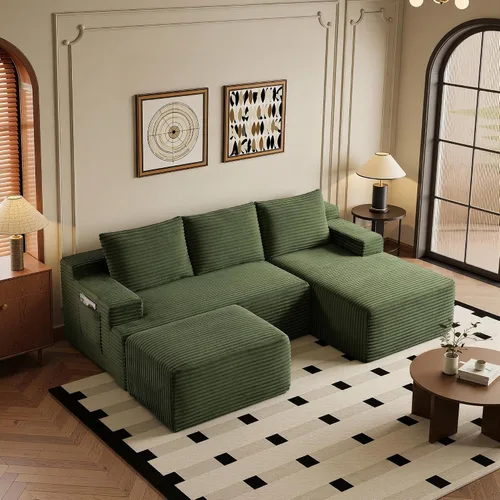 Vista 39 de Sofá modular moderno de 96 pulgadas para sala de estar, sofá modular tapizado sin hueso con bolsillos, cómodo sofá nube con diván en forma de L Negro