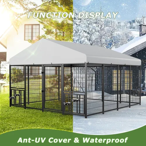 Vista 4 de Jaula grande para perros al aire libre ROOMTEC con comederos para perros, 10 pies de largo x 10 pies de ancho x 6.5 pies de alto