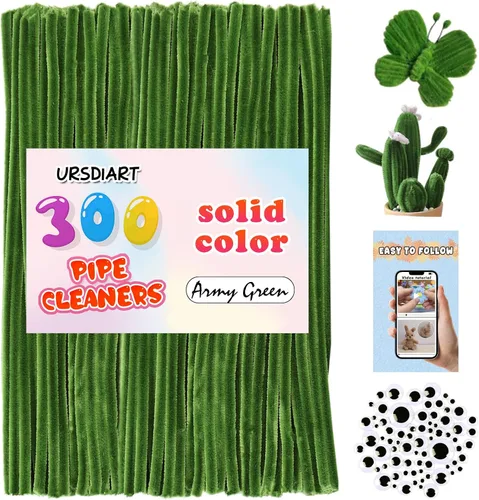 Vista 9 de URSDIART Limpiapipas verde claro, 350 tallos de chenilla y ojos saltones Light Army Green