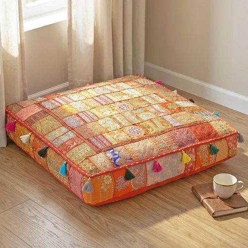 Vista 9 de THE ART BOX Almohadas y fundas de cojín bordadas vintage de retazos de algodón, puf para perro, puf de meditación, ropa de cama para mascotas, cama