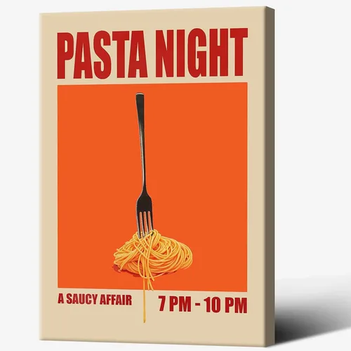 Vista 16 de Pósteres nocturnos de pasta retro, arte divertido de comida de fideos, arte de mediados de siglo, lienzo de cocina moderna de mediados de siglo