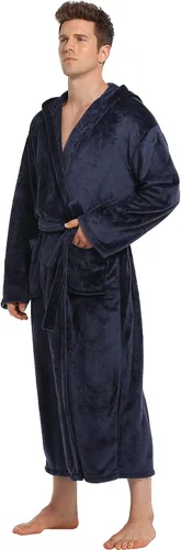 Vista 2 de iFigure Bata de baño de forro polar con capucha para hombre, bata larga de felpa para hombre, cálida y suave bata de spa
