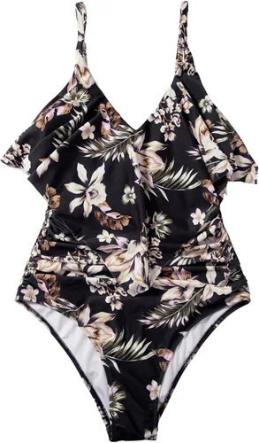 Vista 4 de SUUKSESS Traje de baño de una pieza con volantes y fruncidos para mujer, con control de abdomen, traje de baño adelgazante #1 estampado floral negro