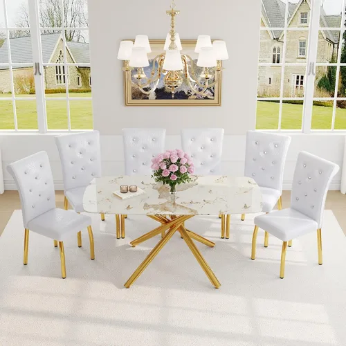 Vista 48 de Juego de mesa de comedor moderna para mesa de comedor negra de 4,63 pulgadas, juego de 4 con patas de metal dorado, mesa de cocina rectangular