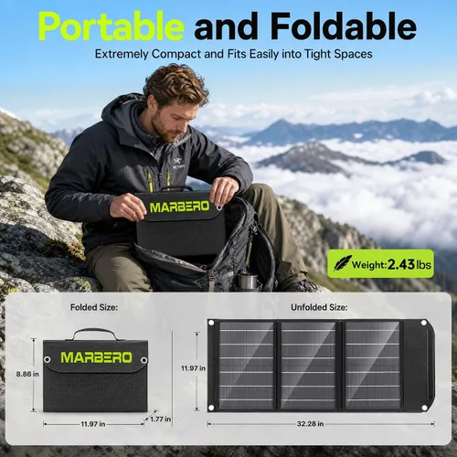 Vista 2 de MARBERO Panel solar portátil de 30 W, cargador de panel solar 23% de alta eficiencia, paneles solares plegables QC3.0 USB y puerto de CC compatible