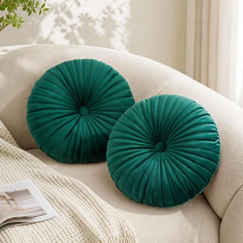 Vista 8 de Teieas - Almohada redonda de terciopelo plisada para decoración, cojín redondo para sofá, silla, cama, coche, burdeos Borgoña