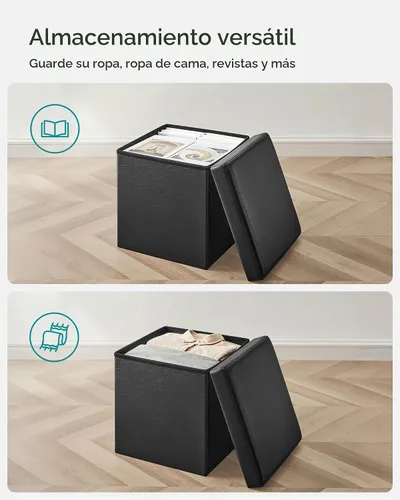 Vista 4 de SONGMICS cubo de almacenamiento de piel sintética, asiento, 15 pulgadas, Madera, Negro