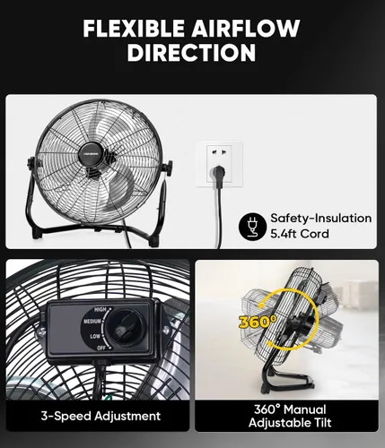 Vista 6 de KEN BROWN - Ventilador de piso de alta velocidad de 14 pulgadas, 3 velocidades, 360 °, ajustable, inclinable, potente flujo de aire para el hogar
