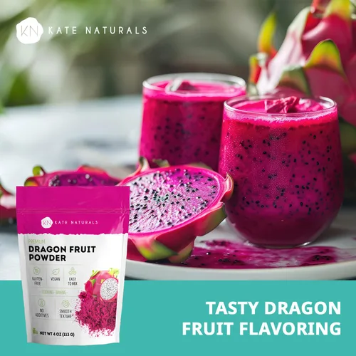 Vista 4 de Kate Naturals Polvo de fruta del dragón para hornear y bebidas (4 onzas). Polvo de pitaya rosa seco vegano sin gluten para jarabe de fruta