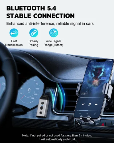 Vista 4 de 1Mii B04 Bluetooth 5.4 Adaptador de coche, receptor de audio AUX giratorio de 180°, llamada clara manos libres, 16H+ de larga espera