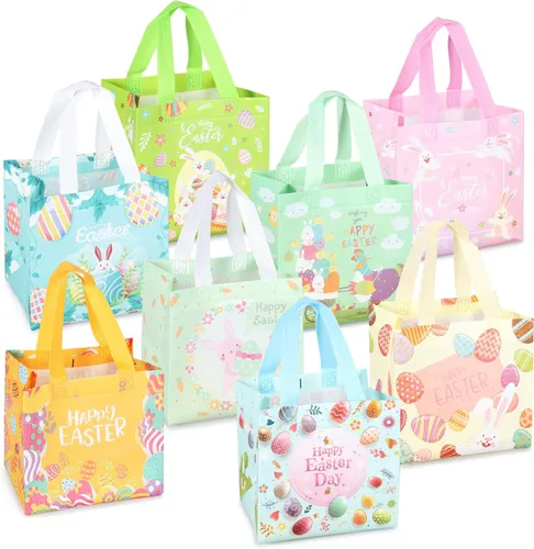 Vista 10 de Aviski 12 bolsas de caza de huevos de Pascua feliz, bolsa de regalo de huevo de zanahoria con asas, bolsas de regalo de Pascua, envoltura de regalos