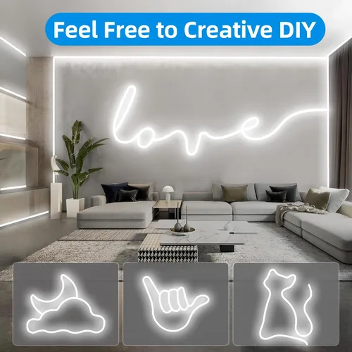 Vista 3 de Luz de Cuerda LED de Neón, 32.8 pies, color blanco frío, regulable, tiras de luces LED, tiras de luces de neón de silicona flexible impermeable DIY