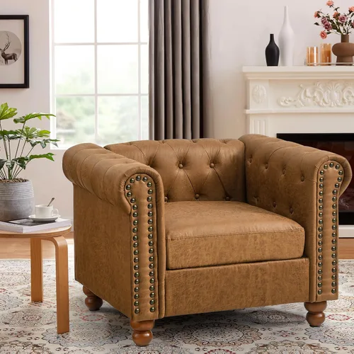 Vista 7 de Juego de 2 piezas Air Leather Chesterfield para sala de estar, sofá y silla Marrón