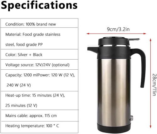 Vista 6 de Calentador de agua para automóvil de 12 V, calentador de taza de viaje de calentamiento rápido, acero inoxidable, eléctrico, 40.6 fl oz