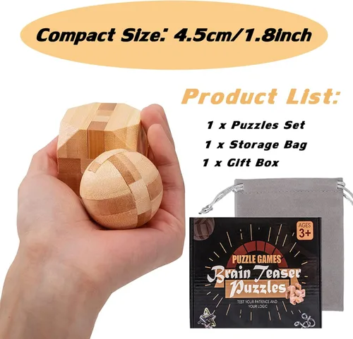 Vista 5 de VolksRose 12 piezas de rompecabezas de madera para ejercitar el cerebro, juegos de rompecabezas de desafío de coeficiente intelectual, juguete
